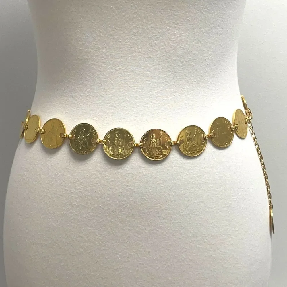 Vintage Queen Elizabeth II One Pense Coin Belt. Chain Coins belt Gold tone UK